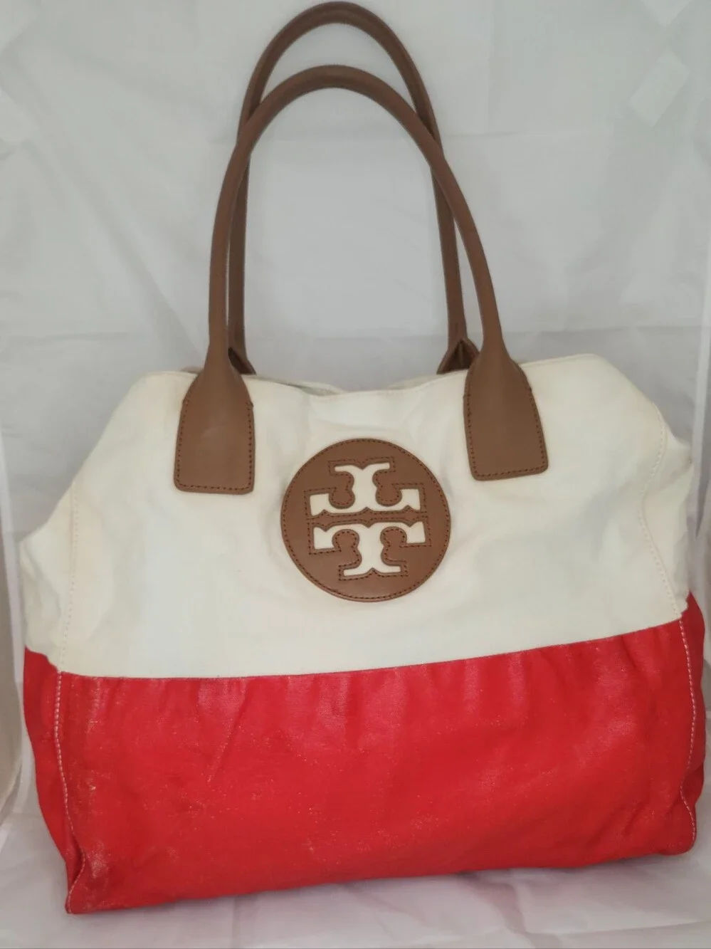Tory Burch Cream and Red Canvas Tote with Tan Leather Trim Nearly PERCECT